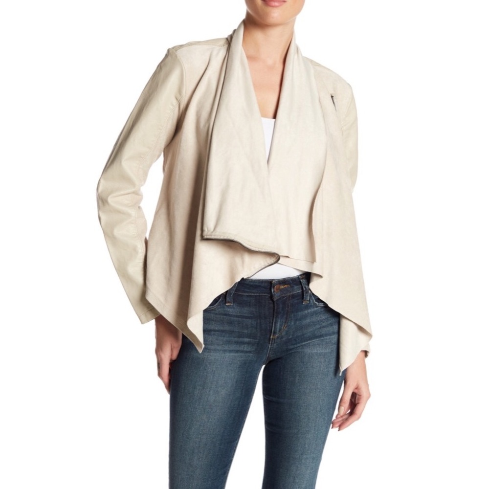 BlankNYC Mix Media Faux Leather Drape Front Jacket
